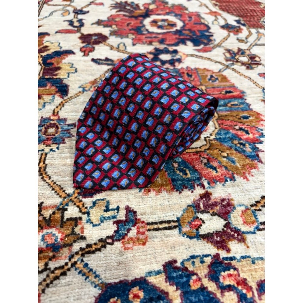 Hugo Boss Silk Tie Red Blue Geometric Print Made in Italy